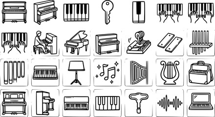 Piano and Keyboard Musical Instruments Line Art Icons Set. Outline Glyphs of Grand, Upright Pianos, Notes, and Audio Production Elements. © victoria