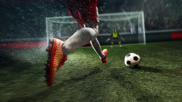 Soccer attacker running toward goal with red cleats and ball. Concept of goal scoring ads, academy training pages, sports gear banners, club promo, and match day design.
