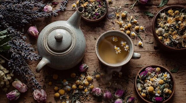 Herbal tea teapot cup with chamomile dried petals, wooden rustic floral still life, lavender botanical infusion beverage, ceramic cup and saucer, warm relaxing aroma, natural home table top view