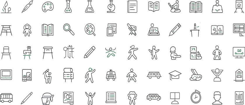 School Education Icons, Classroom Supplies Learning Tools Academic Symbols Teaching Resources and Student Development Graphics