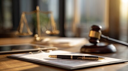 Fototapeta premium Gavel, scales of justice, pen, and tablet on a desk