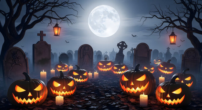 Jack o lanterns glowing inside dark graveyard, carved pumpkins near burning white candles, old stone tombstones under full moon night sky, dead trees reaching toward bright lunar light above ground.