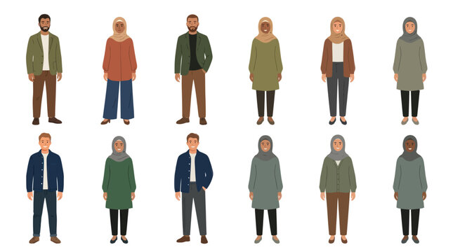 Diverse Muslim people in modest modern outfits, flat illustration style