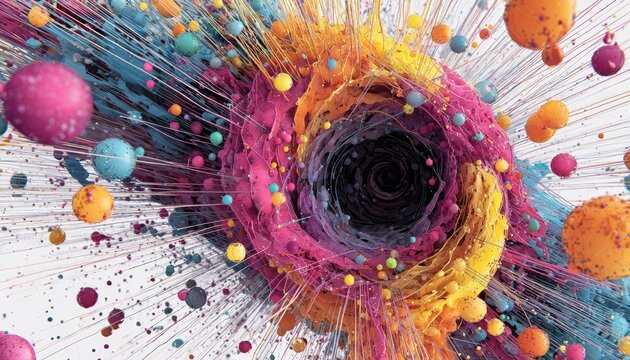 Vibrant, swirling cosmic vortex explodes with colorful spheres
