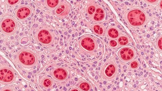Microscopic view of stained biological tissue sample showing cellular nuclei