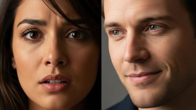 Split screen portrait showing a woman looking worried and a man smiling