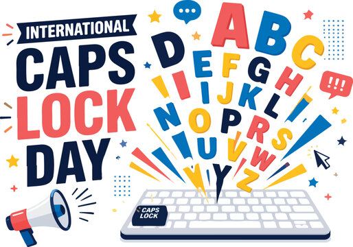 International Caps Lock Day flat vector illustration featuring an artistic explosion of oversized uppercase alphabet letters emerging from a computer keyboard