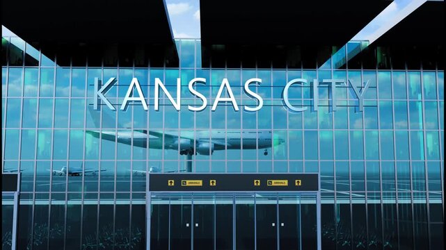 Airlane landing at Kansas City, USA. Arrival in the city with reflection of airport and aircraft