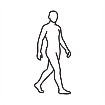 Minimalist black line art illustration of a male figure walking forward shown on a clean solid white background surface