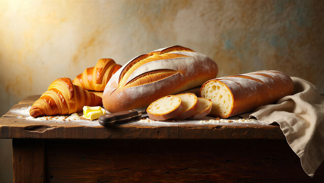 A rustic wooden table featuring a loaf of crusty bread, sliced bread, and two golden croissants with a piece of butter on a white cloth