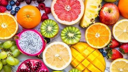 Vibrant mix of sliced tropical fruits including dragon fruit, mango, kiwi, orange, grapefruit, pineapple, pomegranate, and berries on white surface © Redoyan