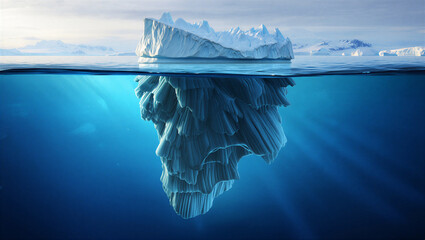 Iceberg floating in the arctic ocean with a split view showing the ice formation above and below the deep blue water surface © Redoyan