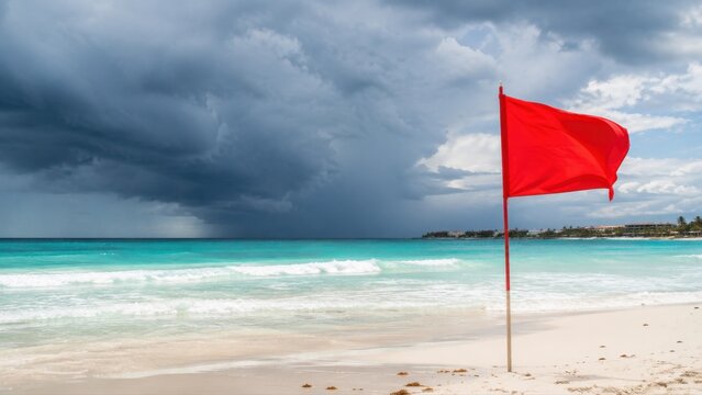 Red flag waves on the beach shore