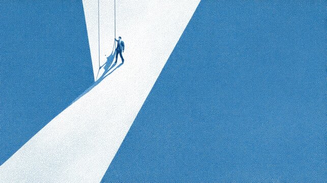 Man controlled by strings like a puppet in a spotlight.