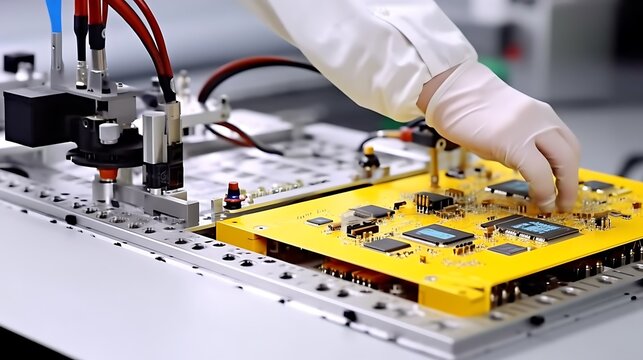 Technician installing SMD resistor on circuit board in factory