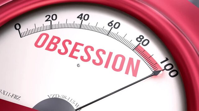 Obsession off the charts. Meter showing increasing, dangerous and high levels of obsession, potential overload. Maximum and critical obsession