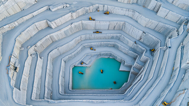 Aerial view of a deep marble quarry with terraced rock walls and a bright turquoise water pool at the bottom with yellow mining vehicles