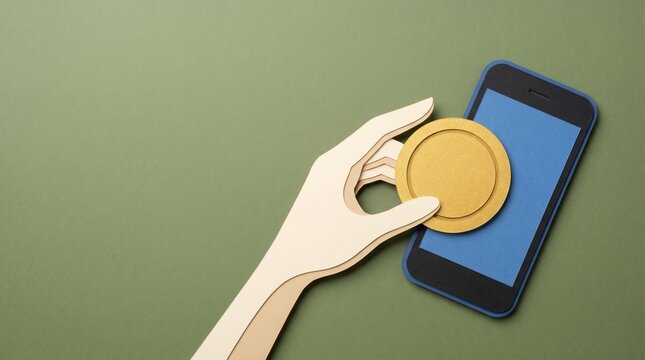 Hand inserting a gold coin into a smartphone screen