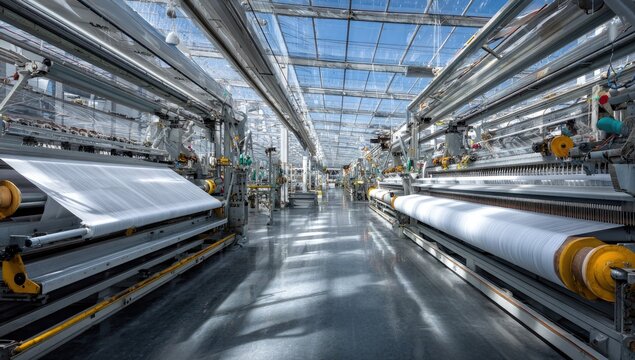 Modern textile factory interior with automated looms and large fabric rolls