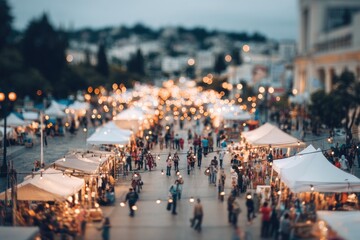 Obraz premium Lively open-air market with stalls and crowds under twilight, bokeh lights