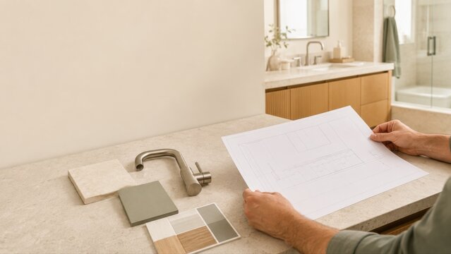 Homeowner Reviewing Kitchen Renovation Plans with Countertop Samples