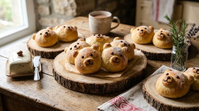 Adorable homemade bear-shaped bread rolls arranged with a warm drink, evoking comfort and joy.