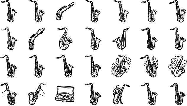 Music Industry Saxophone Black and White Line Art Doodle Collection. Hand-drawn Musical Instrument Sketch Icons for Jazz, Blues, and Entertainment.