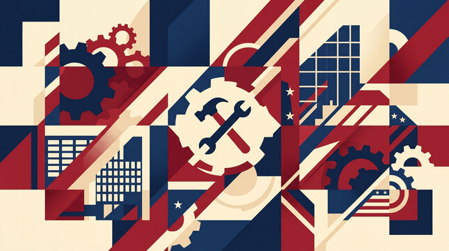 Geometric industrial background, abstract construction texture, red blue beige gears and tools pattern