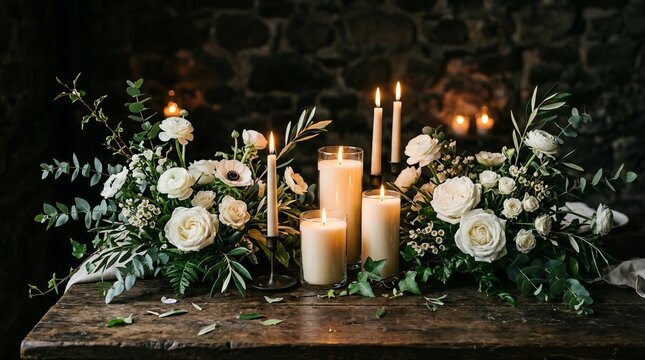 Elegant table setting with lush floral arrangements and glowing candles for a romantic celebration.