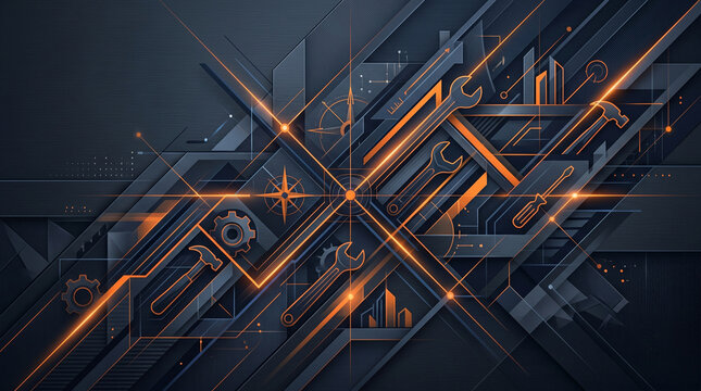 Geometric abstract background, orange neon lines, dark techno design, futuristic pattern
