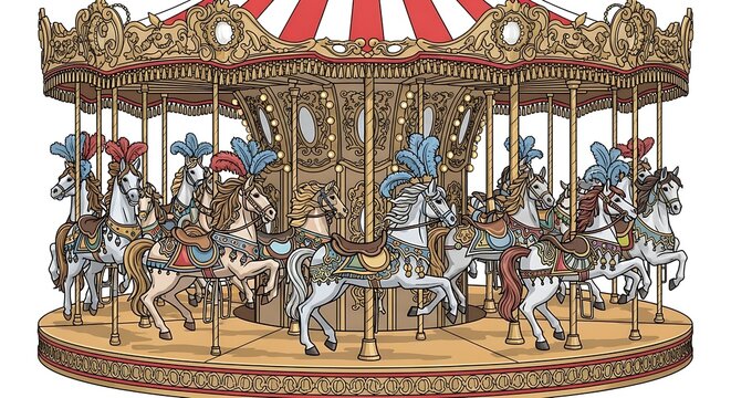 Vintage carousel illustration featuring horses and ornate design elements
