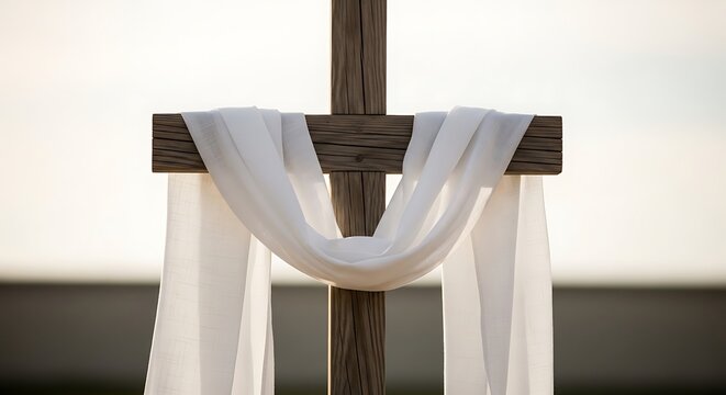 Wooden cross draped in white linen cloth representing Easter resurrection