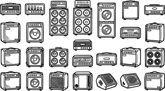 Hand-drawn Black  White Line Art Vector Icons: Music  Audio Amplifiers, Speaker Cabinets, and Sound System Components Set