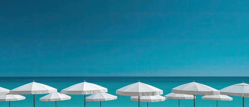 Row of white beach umbrellas against a vibrant blue ocean and sky