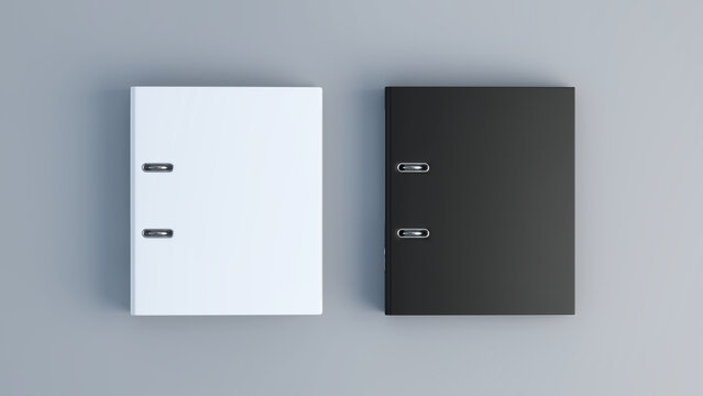 White and Black office binders and folders mockup. Blank ring covers with metal clips for files and document storage folders. 3d iluustration