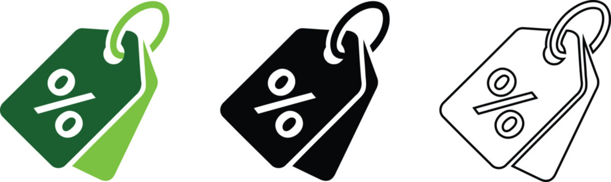 Discount and sale pricing solid icon set. Featuring percentage tags in green, black, and white. Vector symbols for retail promotions, e-commerce, and marketing campaigns.