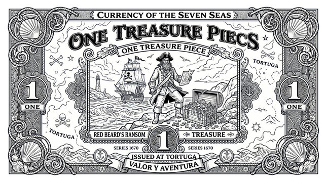 Pirate Treasure Map Banknote Illustration - One Treasure Piece Currency