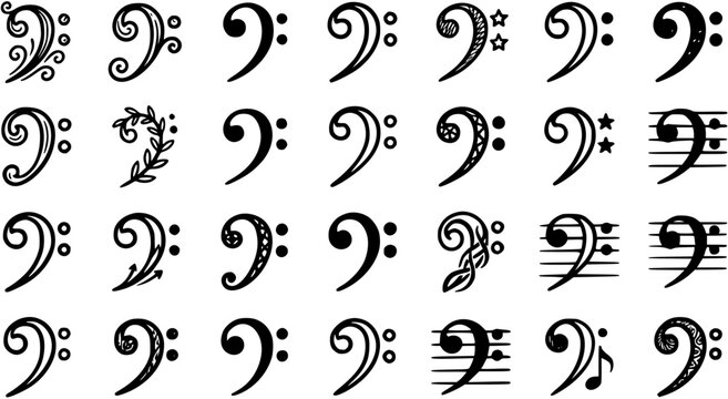 Music Industry Black and White Line Art Bass Clef Set. Decorative Hand-drawn Musical Symbols Collection for Creative Arts and Notation Design Projects.