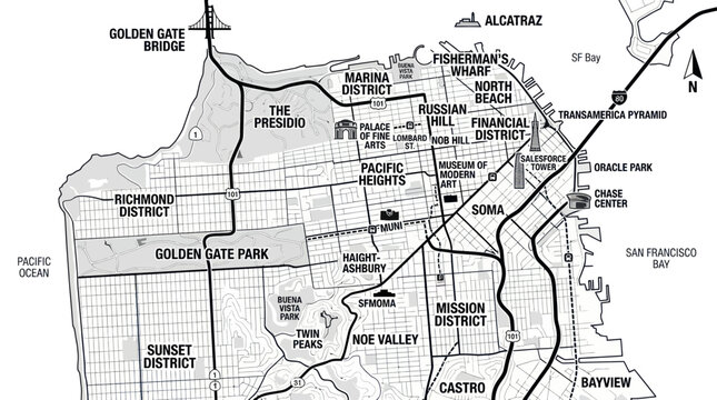 San Francisco City Map with Landmarks and Districts - Black and White