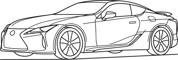 Fototapeta premium Black and white line art drawing of a sleek luxury sports car isolated on a clean and simple white background