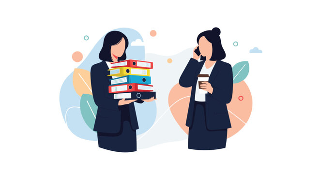 Two businesswomen in an office setting, one carrying a stack of colorful binders while the other talks on her phone with a coffee cup.