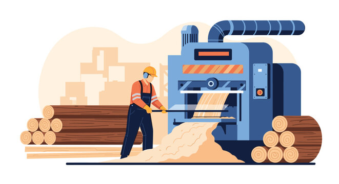 Industrial worker operating a large woodworking machine in a factory, processing logs into timber with wood chips and piles of wood.