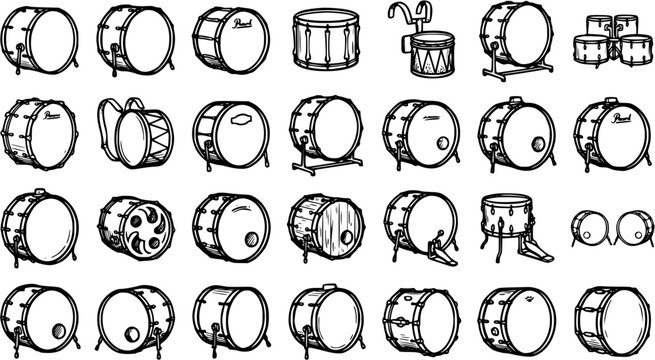 Music Industry Percussion Drums Vector Collection: Black and White Hand-Drawn Line Art Set of Various Musical Instruments, including Bass and Snare Drums.