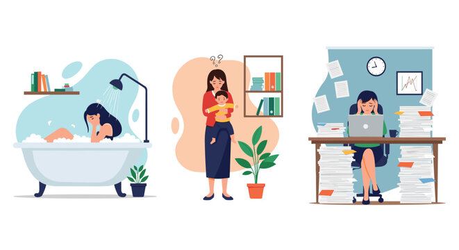 Illustration depicting three stages of a woman's busy life including taking a bath, caring for a baby, and working at a desk with papers.