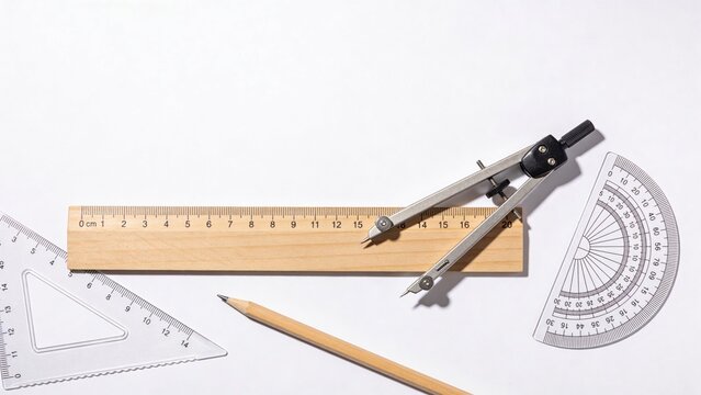 A wooden ruler, a compass, a protractor, and a triangular ruler are arranged on a white background. A pencil is also present in the scene.
