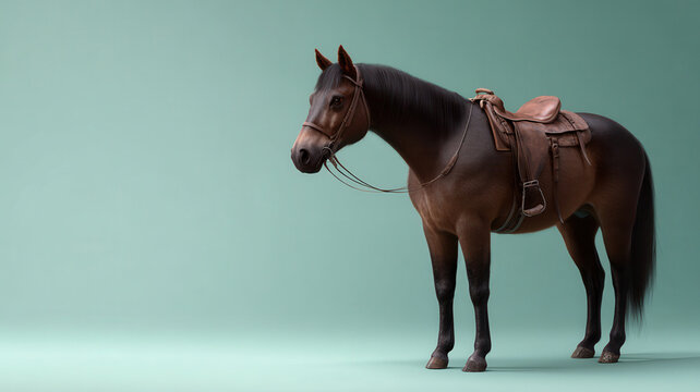 Brown horse leather saddle bridle standing green background equestrian vintage cavalry animal calm expression domestic mammal riding cute elegant classic style full body side view farm ranch pet