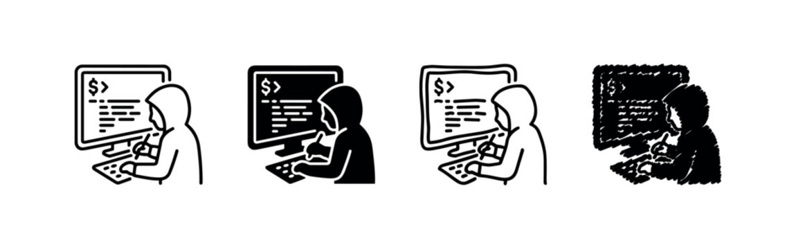 Hacker or Coder Working on Computer Icon Set | Cyber Security and Programming Concept