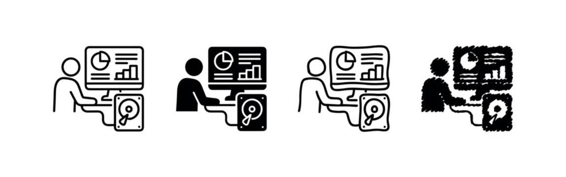 Data Analysis and Management with Computer and Hard Drive Icon Set | Business Intelligence