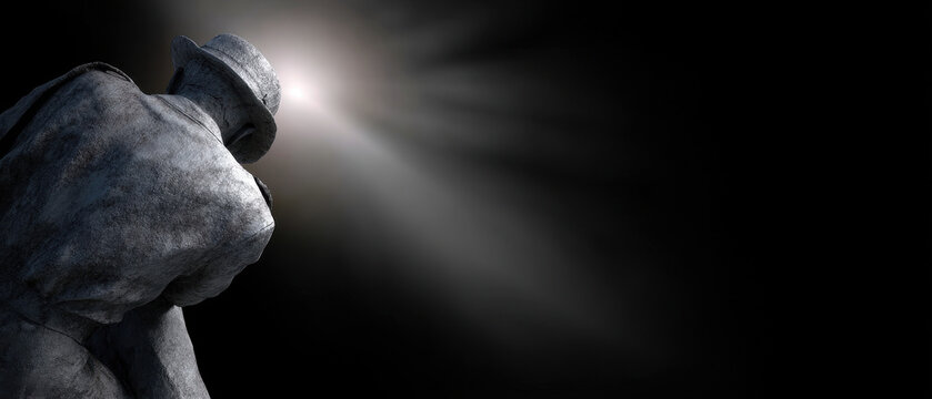 Bronze statue stylized civil war soldier dramatic lighting back view historical dark background emotional solitude artistic sculpture. stylized bronze statue of civil war soldier is illuminated by