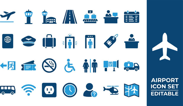 Airport icon set vector graphic illustration of travel and transportation symbols on a blue background